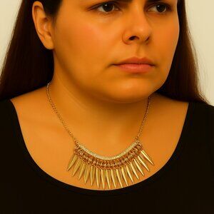 GUESS Gold Tone Spiked Accent Necklace w/ Sparkling Crystals – Statement Jewelry